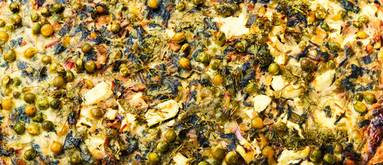 Open pie with chard and peas,food background