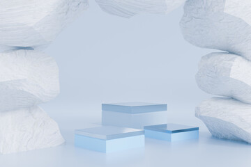 Minimal cave and rock display,decorated cube geometry shape,shiny silver blue pastel color podium background,mockup product and cosmetic show,marketing presentation stage product,3d render