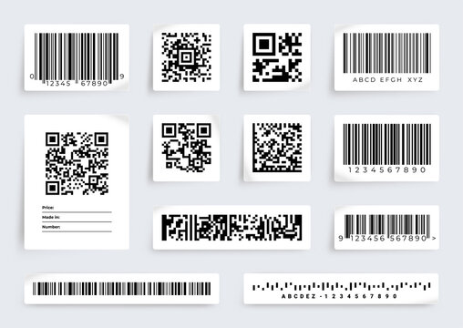 QR code label. Barcode product price scan tags. Digital data information. Realistic sticky paper sheets. Merchandise inventory identification graphic icons. Vector retail stickers set
