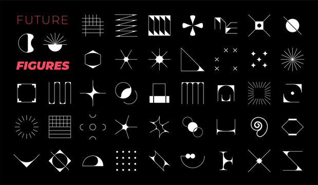 Future Design Shapes. Abstract Geometric Figures. Decorative Minimalistic Brutalist Forms. Black Background With White Contemporary Art Elements. Vector Futuristic Logo Templates Set