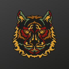 Tiger face in baroque color. The muzzle of an animal from the patterns of ancient tribes. Isolated. Vector illustration