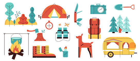 Caravan camp. Cartoon elements for camping and holiday picnic. Isolated tourist tent or van. Campfire food cooking. Backpack or camera. Vector equipment set for recreation in forest