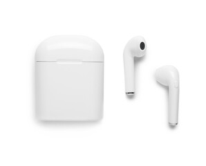 Modern earphones with case on white background