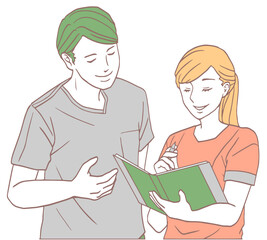 ミーティングをする医療スタッフ（シンプルカラー）