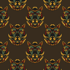 Seamless pattern with faces of wild boars in the colors of the baroque style. Good for backgrounds, prints, apparel and textiles. Vector illustration.