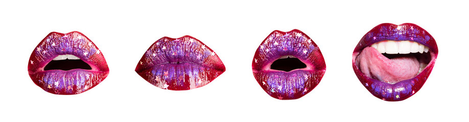 Womans lips expressed differernt emotions. Set of art lip close-up, female mouth. Red female lips collection. Collage sexy seduction woman mouth, lick and suck. Abstract art design, banner, isolated.