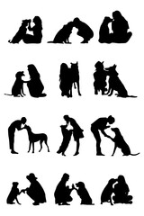 Set of Dog with Female Owner Vector silhouette