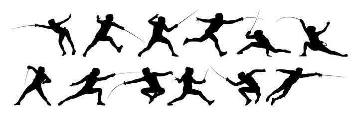 Set of fencer vector silhouette - obrazy, fototapety, plakaty