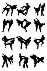 Set of taekwondo athletes fighting vector silhouette