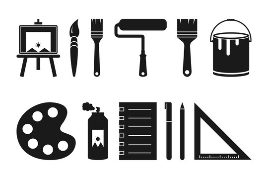 set of painting tools icons containing canvas, brush, roller brush, paint, palette, spray paint, book, pen, pencil and ruler. painting tool silhouette.