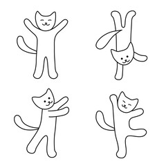 Child's drawing of cute cats standing on their paws. Cheerful funny kittens. Contour drawing. Cartoon design element for announcement, poster, card. Black outlines isolated on a white. Vector.