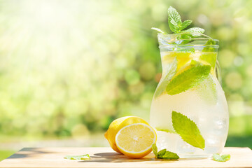 Fresh homemade lemonade with lemon and mint