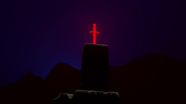 The camera looks from below as a huge stone parallelepiped with a fiery sword slowly turns against the background of the night sky.