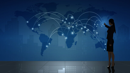 Businesswoman stands showing and touching communicated network on world map.