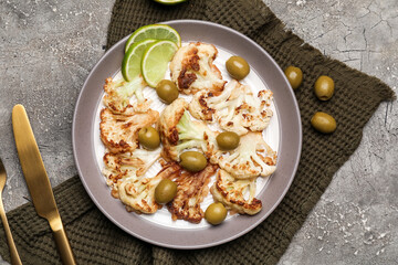 Plate with tasty fried cauliflower, lime and olives on grunge background