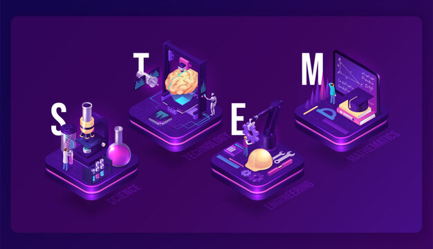 Stem isometric concept, science, technology, engineering and mathematics research. Scientific laboratory, ai robot, engineer on factory and student learn math on 3d platforms, vector illustration