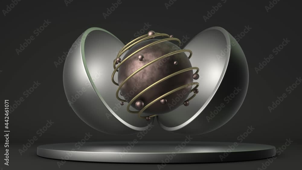 Poster loop 3d animation of silver hemispheres in the studio. the hemispheres open to reveal a copper spher