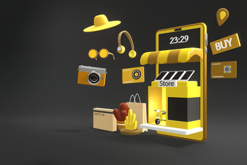 Shopping online and delivery on popular mobile applications around the world with yellow phone and the yellow building on gray-black background. 3D rendering