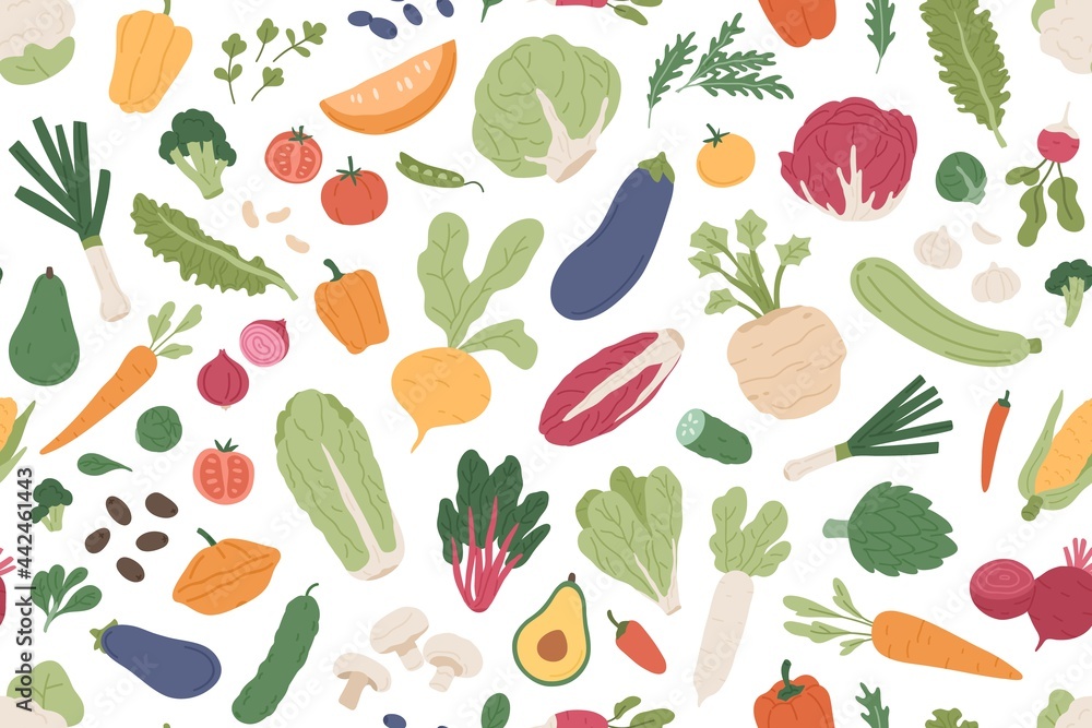 Aufkleber seamless vegetarian pattern with healthy vegetables and fresh green food on white background. repeat