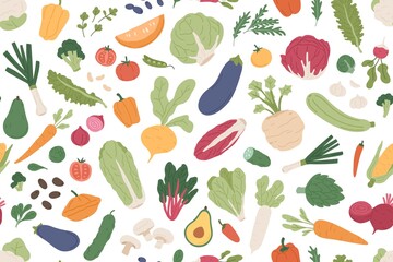 Seamless vegetarian pattern with healthy vegetables and fresh green food on white background. Repeatable texture design with different organic veggies for printing. Colored flat vector illustration - obrazy, fototapety, plakaty
