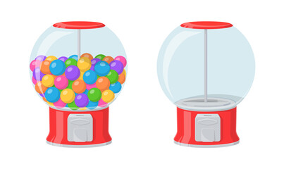 Gumball machine, red dispenser with colored bubble gums and sweets. Vector cartoon set of empty vending machine and full of round chewing candies isolated on white background