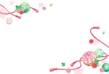 手まりと花の和風背景　横　手描き色鉛筆画