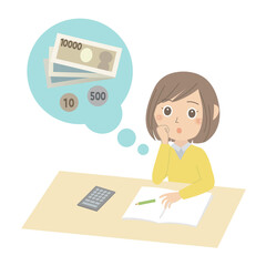 お金のことを考える若い女性
