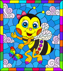 An illustration in the style of a stained glass window with a cute cartoon bee on a blue sky background, a rectangular image in a bright frame