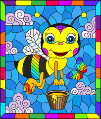 An illustration in the style of a stained glass window with a cute cartoon bee on a blue sky background, a rectangular image in a bright frame