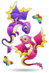 Set of illustrations in the style of stained glass with cartoon dragons, animals isolated on a white background