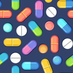 Medicines seamless pattern. Illustration with pills. Concurrency. Medicinal drugs. Pharmaceuticals. Ambulance. Pharmacy. Dark background. Flat design. Vector