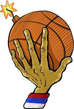 hand holding a basketball that has a bomb fuse