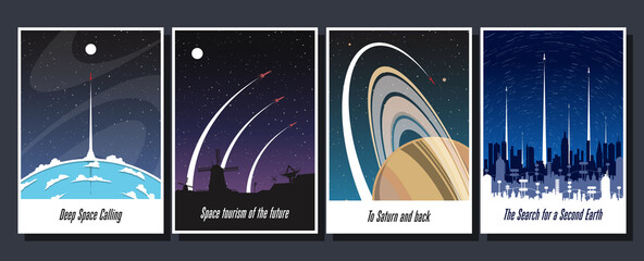 Space Flights Propaganda Posters, Retro Futurism Style Illustrations, Space Rockets, Planets and Future City  © koyash07