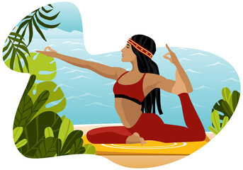 A young girl in a yoga pose stands against the background of the ocean. Healthy lifestyle, active rest. Outdoor workouts, exercise. Flat vector illustration.