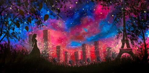 Hand painted art painting night city Paris with girl with balloons and beautiful Eiffel tower art fantasy background Oil painting acrylic on canvas night landscape with blue purple starry sky © weris7554