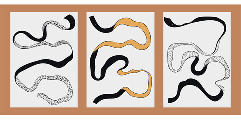 A set of three minimalist posters. Backgrounds for social networks, web design, interiors, covers, typography. Vintage illustrations with textile ribbons, dots, patterns, doodles.