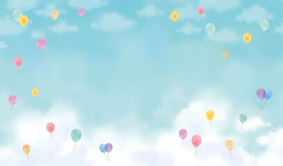 風船が飛ぶ空の背景イラスト素材　 © 市田ほのか