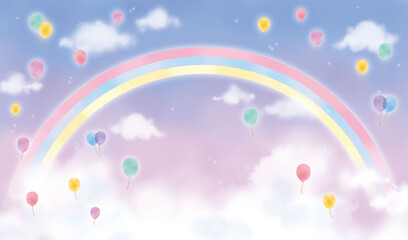 虹と風船のファンシーな空のイラスト　 © 市田ほのか