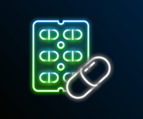 Glowing neon line Pills in blister pack icon isolated on black background. Medical drug package for tablet, vitamin, antibiotic, aspirin. Colorful outline concept. Vector
