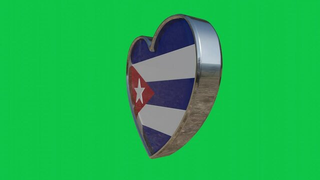 Flag of the Cuba in the shape of 3D heart.Looped video of 360 degrees rotation. Metallic heart with glass and relief elements of the country flag. Animation with green screen.