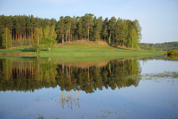 Picturesque reflection of trees in a forest lake, Russia