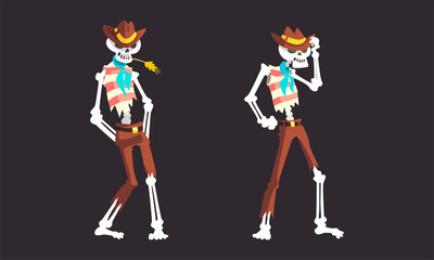 Bony Skeleton Character in Hat and Trousers Chewing Spikelet Vector Set