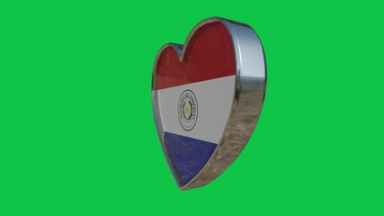 Flag of the Paraguay in the shape of 3D heart.Looped video of 360 degrees rotation. Metallic heart with glass and relief elements of the country flag. Animation with green screen.
