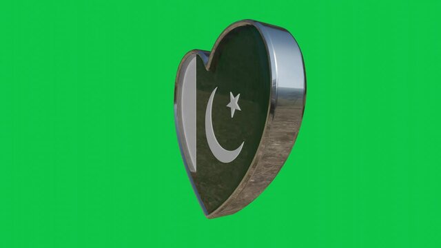 Flag of the Pakistan in the shape of 3D heart.Looped video of 360 degrees rotation. Metallic heart with glass and relief elements of the country flag. Animation with green screen.