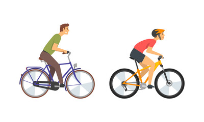 Young Man Riding Bicycle Enjoying Vacation or Weekend Activity Vector Set