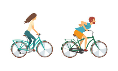 Young Man and Woman Riding Bicycle Enjoying Vacation or Weekend Activity Vector Set