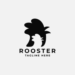 Silhouette crowing rooster logo template, chicken head logo mascot design with negative space style, vintage rooster chicken vector illustration for meat shop and restaurant label symbol icon © Eki Creative