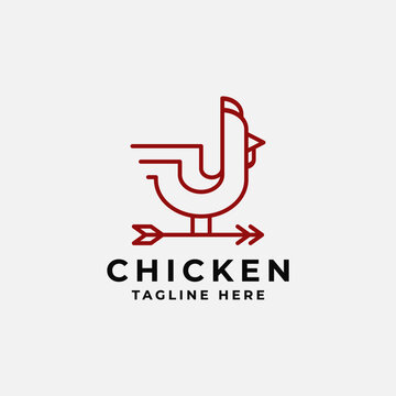 minimalist chicken logo, vintage retro rooster line logo template with standing on arrow, simple icon symbol vector illustration design