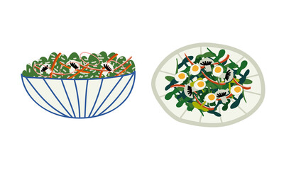 Salad with Mixed Greenery, Mushroom and Boiled Egg Served on Plate and Bowl Vector Set