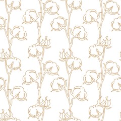 Cotton Flower Seamless Pattern in one continuous line drawing. Blossom ball in sketch doodle style. Used for for wedding invitations, wallpaper, textile, wrapping paper. Vector illustration